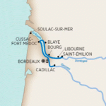 A map of a Bordeaux France river cruise on the Dordogne and Garonne rivers, starting in Saint-Emilion and ends in Cadillac.