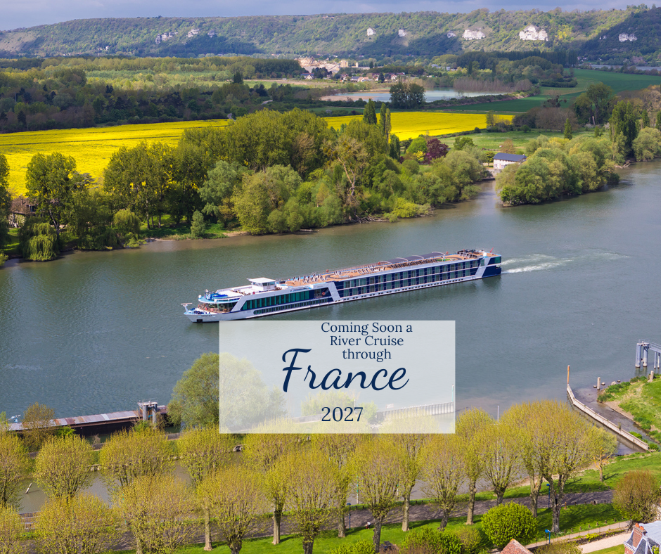 A river cruise sailing on a tree lined river overlaid with coming soon a river cruise through France 2027