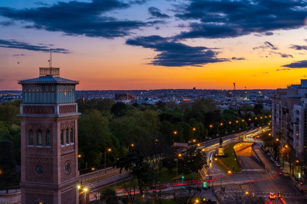 madrid, spain, city, building, nature, heaven, monument, clouds, sunset, landscape
