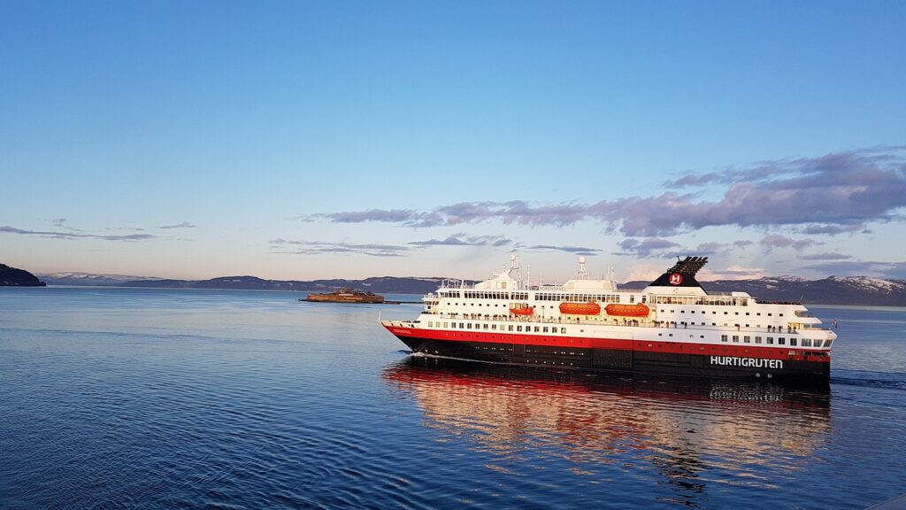 A Hurtigruten Ship sailing off the coast of Norway
